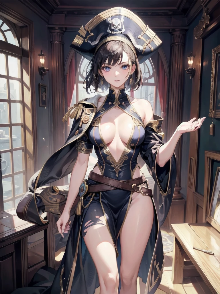 absurdres, RAW photo, extremely delicate and beautiful, masterpiece, Best Quality, ultra high resolution, 32k, hyperrealistic, ultra-detailed, perfect anatomy, anatomically correct, perfect figure, Perfect Style, Perfect balance, super Detailed skin, in her 30s, very Slim body, narrow waist, very small head, very small face, delicate facial features, handsome detailed woman, very detailed eyes and face, realistic face proportions, Realistic beautiful face, Realistic beautiful eyes, tearful mole, earring, big tits, full body shot, bare legs, medium hair, indoor, Legendary Pirate costume, Practical pirate clothing, Long-sleeved pirate top, Skirt, shirt, Torn pirate hat,
