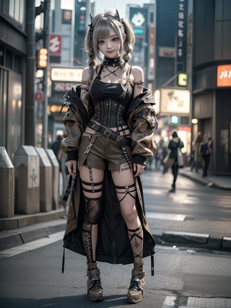 (Full Body View:1.2)、(Smiling with teeth showing:1.3),(Shibuya Gal:1.5)、(Beautiful:1.5)、(Neo-goth fashion:1.5)、(Punk RockVisual Kei:1.5)、(An off-the-shoulder hoodie in khaki and brown with delicate silver accessories.:1.5)、(A corset with a delicate beige and brown design:1.4)、(Khaki and brown snakeskin bodysuit:1.5)、(head band:1.3)、(Beige and charcoal knee socks:1.4)、Embellished collar and long boots、(I&#39;m selling snake print underwear.:1.4)、(Long eyelashes:1.3)、(20-year-old)、((Highest quality、8k、masterpiece:1.3))、1 Female、Slim and beautiful abs:1.3、(hairstyle casual、Beautiful boobs:1.1)、(Doing an aerobics pose:1.3)、dress:1.1、Super small face、Narrow eyes、double eyelid、A sloppy smile、Esbian all over body、Dynamic Angle、Close-up、CPL Filter、Blurred Background、Bokeh、Blue Hour、Detailed face and skin texture、Detailed eyes、,(Twin tails:1.3)、(Black brown hair:1.3)、Gravure idol、(The background is a glamorous dance hall:1.3)、(Make your legs thinner:1.4)、(Slim Body:1.3)、(clavicle:1.1)
