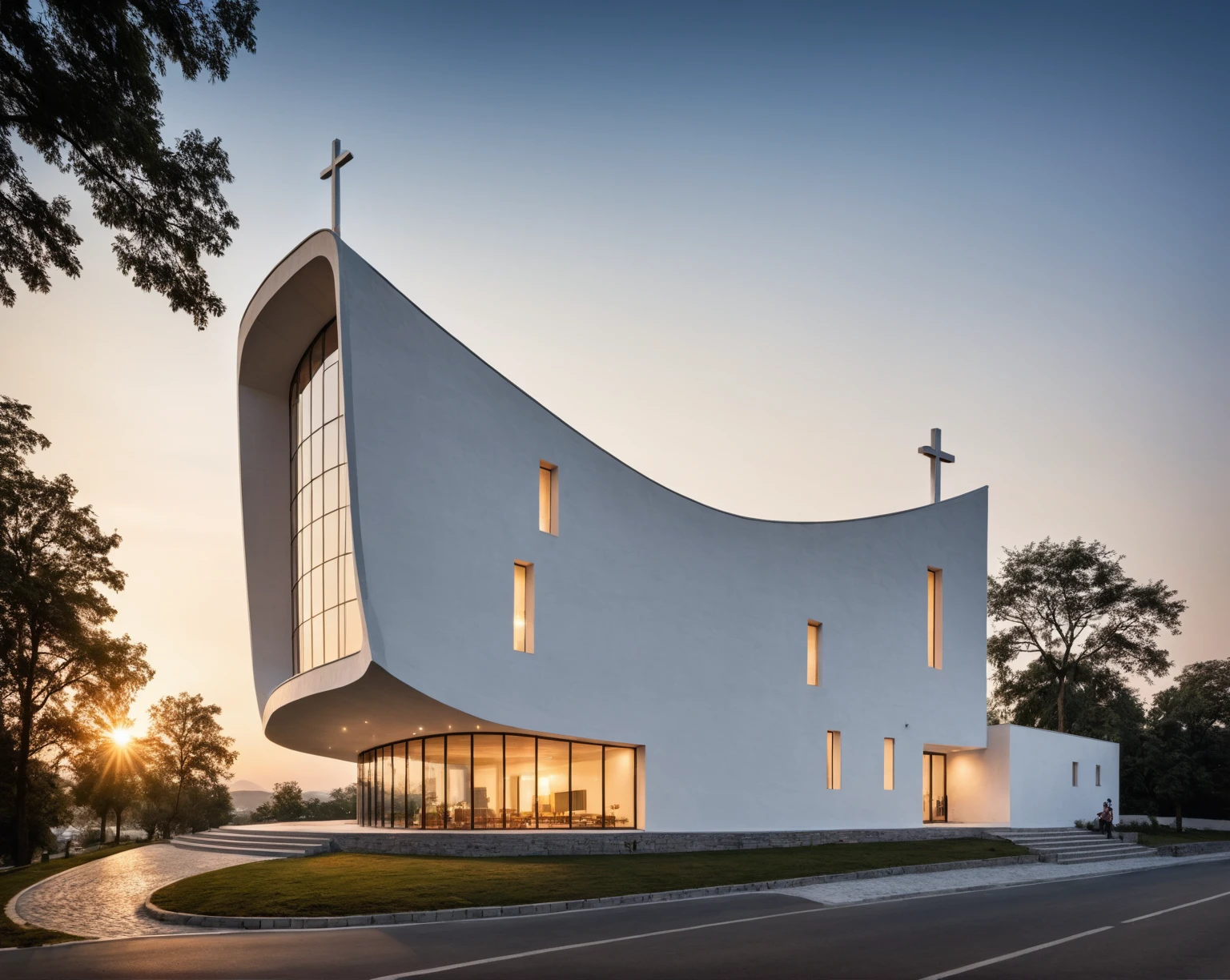 raw photo, best quality, ultra realistic, masterpiece, best quality skin, photography hd, dslr,
tcs, httlvn, modern church, road, people, house, facade design, outdoors, church, white walls, cross on top, curved shape building, 
Dusk, sunshine, 
View from a tree, dof view, 