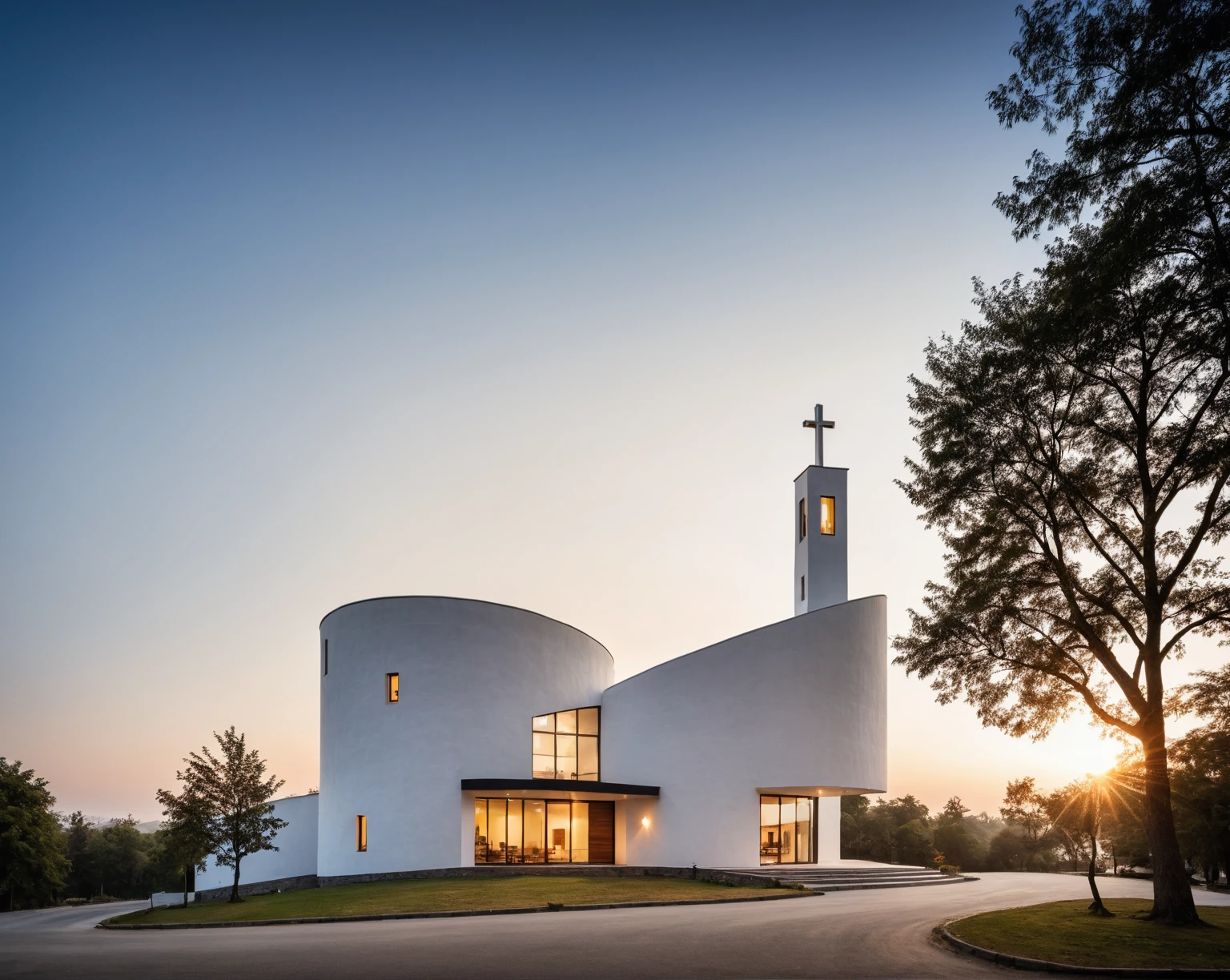 raw photo, best quality, ultra realistic, masterpiece, best quality skin, photography hd, dslr,
tcs, httlvn, modern church, road, people, house, facade design, outdoors, church, white walls, cross on top, curved shape building, 
Dusk, sunshine, 
View from a tree, dof view, 