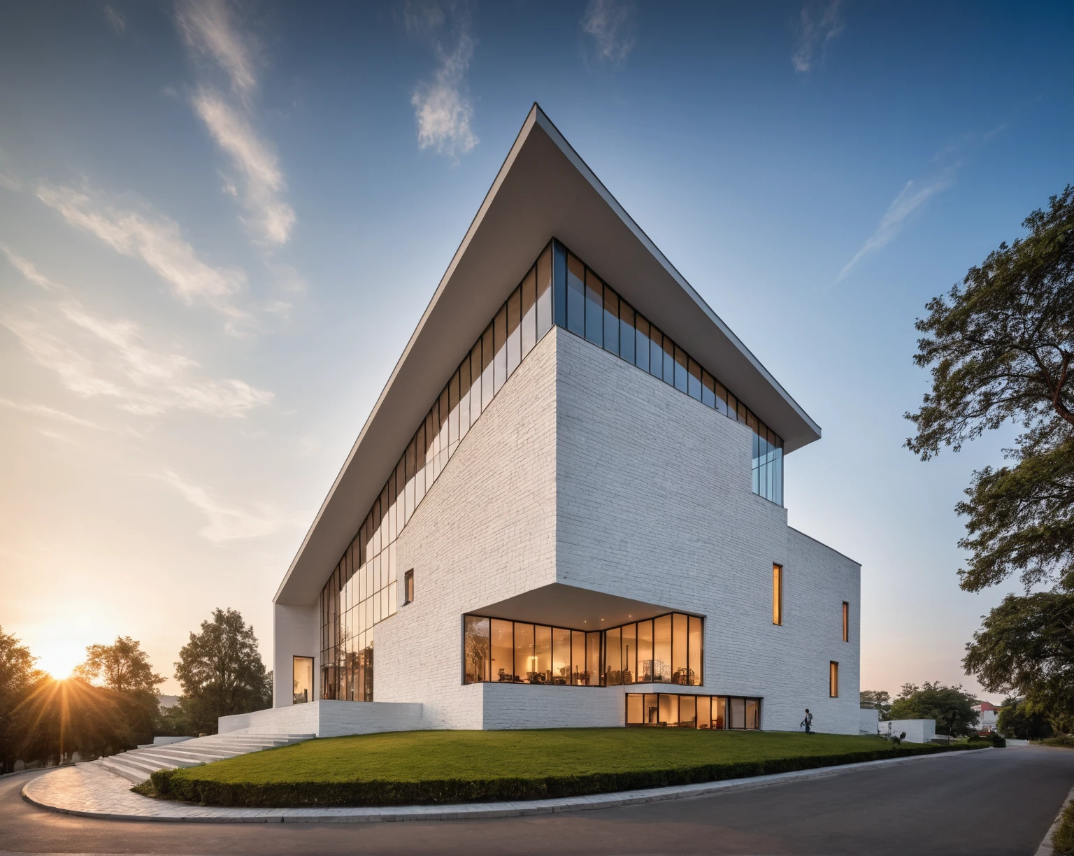 raw photo, best quality, ultra realistic, masterpiece, best quality skin, photography hd, dslr,
tcs, httlvn, modern church, road, people, house, facade design, outdoors, church, white walls, cross on top, curved shape building, 
Dusk, sunshine, 
View from a tree, dof view, 