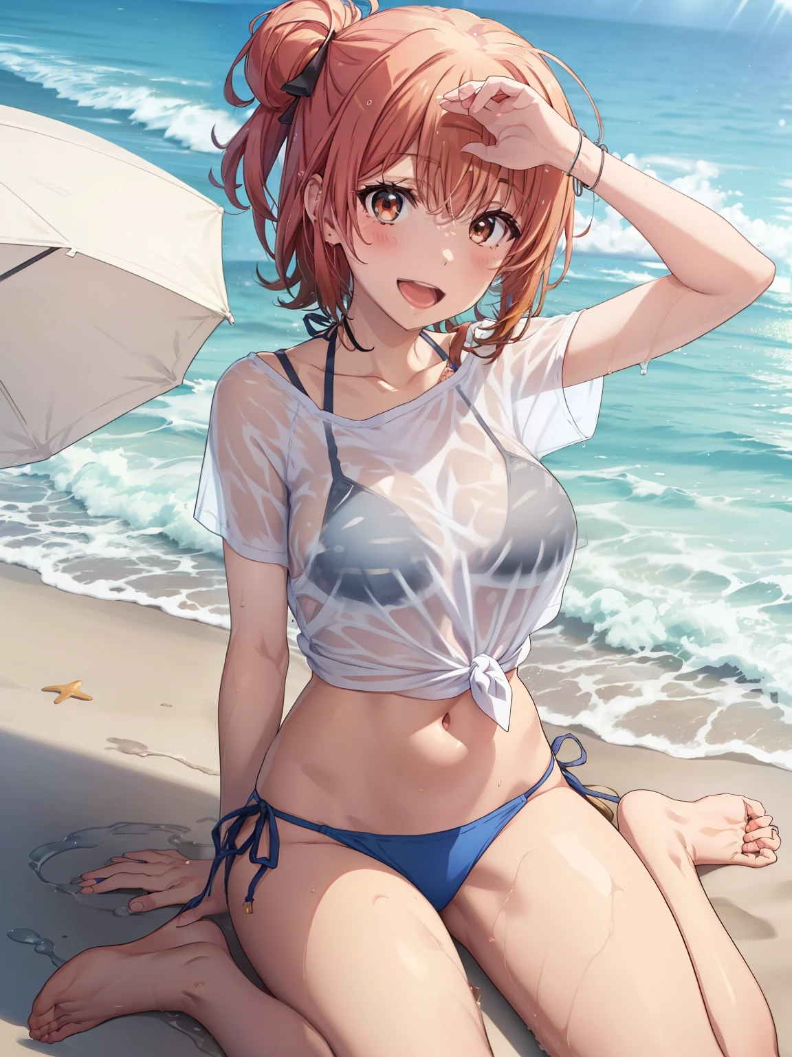 ((Highest quality, High resolution,  Perfect Pixel,  4K)),  (Beautiful Anime Girls), Depth of written boundary、
Watching the audience, 
Perfect body, 

yuigahama yui, Brown eyes、Detailed eyes、

(Big Breasts:1.3)、

see-through shirt,bikini under clothes, pink bikini, 
wariza, Hands between legs、
smile、blush、Open your mouth、

Beach、Wave、Splash、