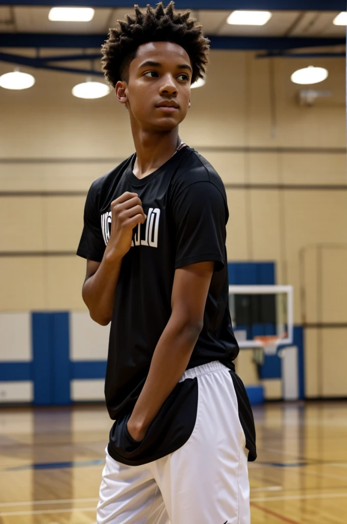 An black kid wearing a shirt in gym class alon short hair