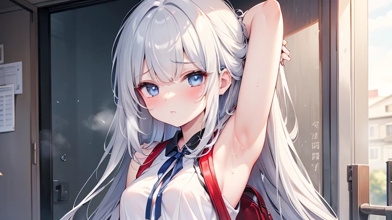 one European girl、lolita、short、ultimate beautiful girl、Upper body、detailed face、ultimate image quality、best lighting、silver hair、long hair、blue eyes、Puzzled、sweaty、showing the viewer his left armpit、steam from armpit、 Maschalagnia、8K quality、detailed armpits、detailed armpitsのシワ、armpit sweat、sweaty、a lot of sweat、Drenched armpits、elementary 、red school bag、clothes are transparent、Apartment entrance、3rd grade elementary school student、open door after orgasm、small breasts、