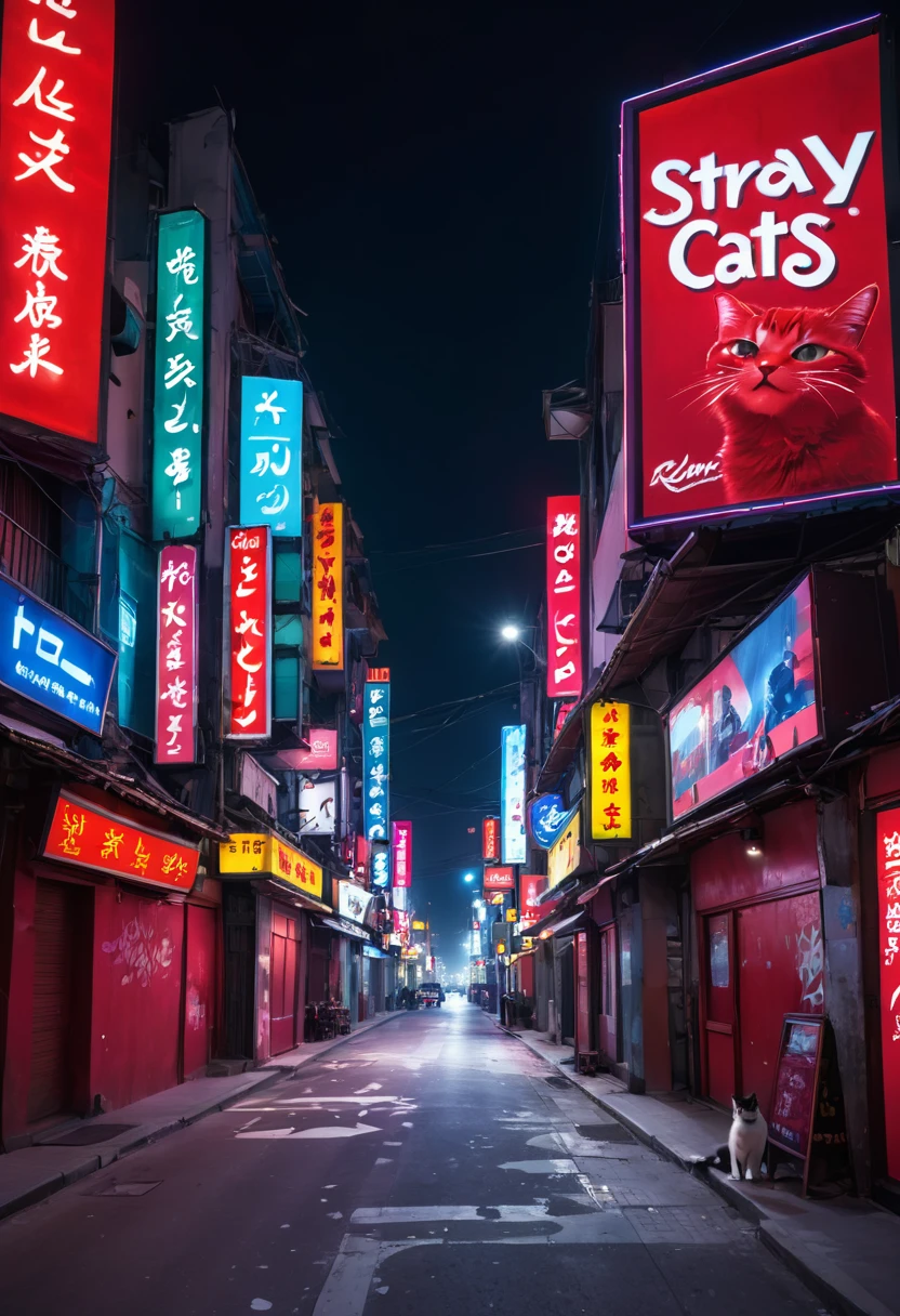city night scene，KTV,Riman，Stray cats，scribbles，neonlight，advertising billboard，(((red colour)))