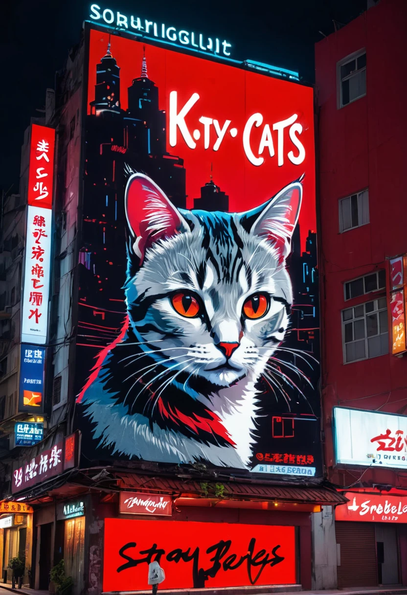 city night scene，KTV,Riman，Stray cats，scribbles，neonlight，advertising billboard，(((red colour)))
