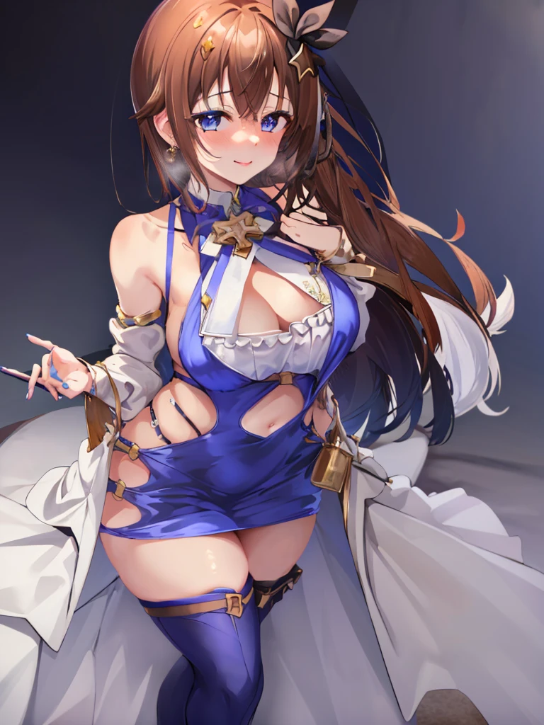 TokinoSora, long hair, star hair ornament, blue eyes,(masterpiece),(best quality),(ultra-detailed),(best illustration),(best shadow),(absurdres),(detailed background),(very aesthetic),1girl,solo,in dim bedroom,heavy breath,standing,bodycon,microdress,puckered lips,shy smile,