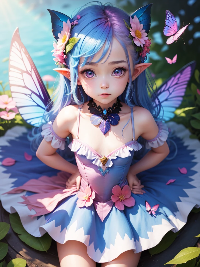 cute little Fairy, blue butterfly, Rainbow hair, pink eyes, dress pointy ears dress made of petals leaves