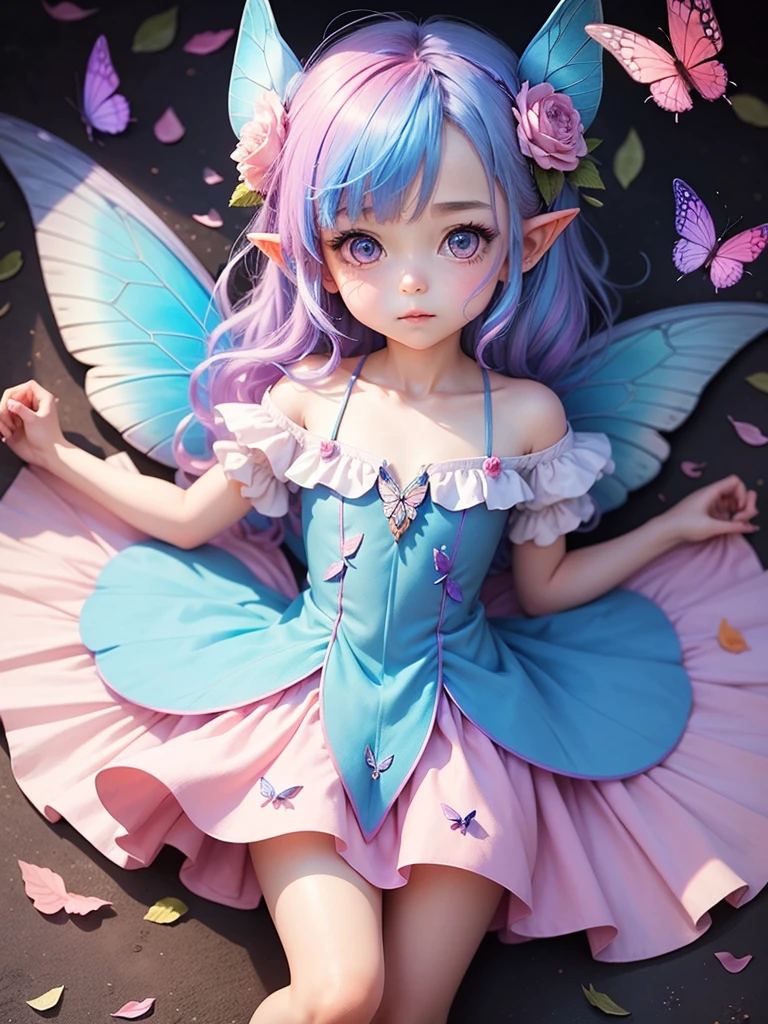 cute little Fairy, blue butterfly, Rainbow hair, pink eyes, dress pointy ears dress made of petals leaves