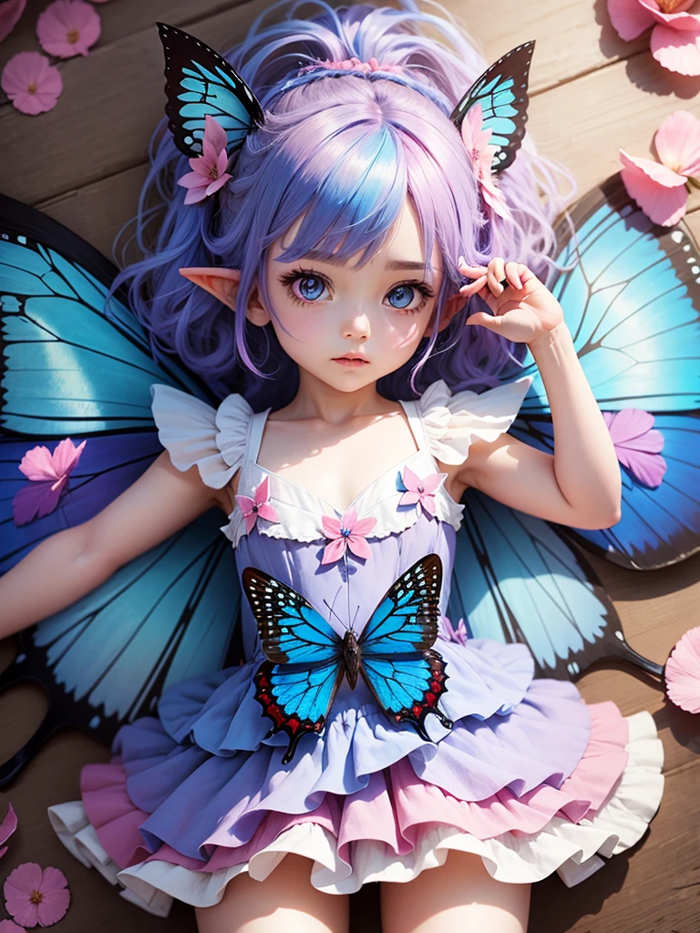 cute  Fairy, blue butterfly, Rainbow hair, pink eyes,  dress pointy ears dress made of petals leaves