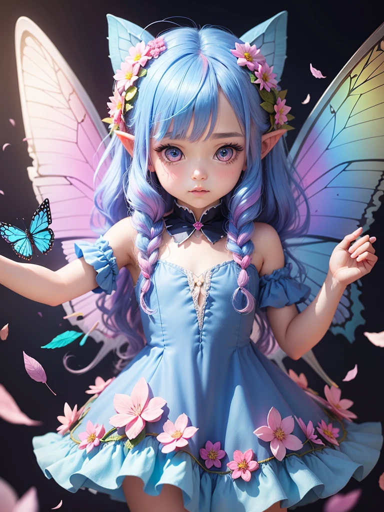 cute little Fairy, blue butterfly, Rainbow hair, pink eyes, dress pointy ears dress made of petals leaves