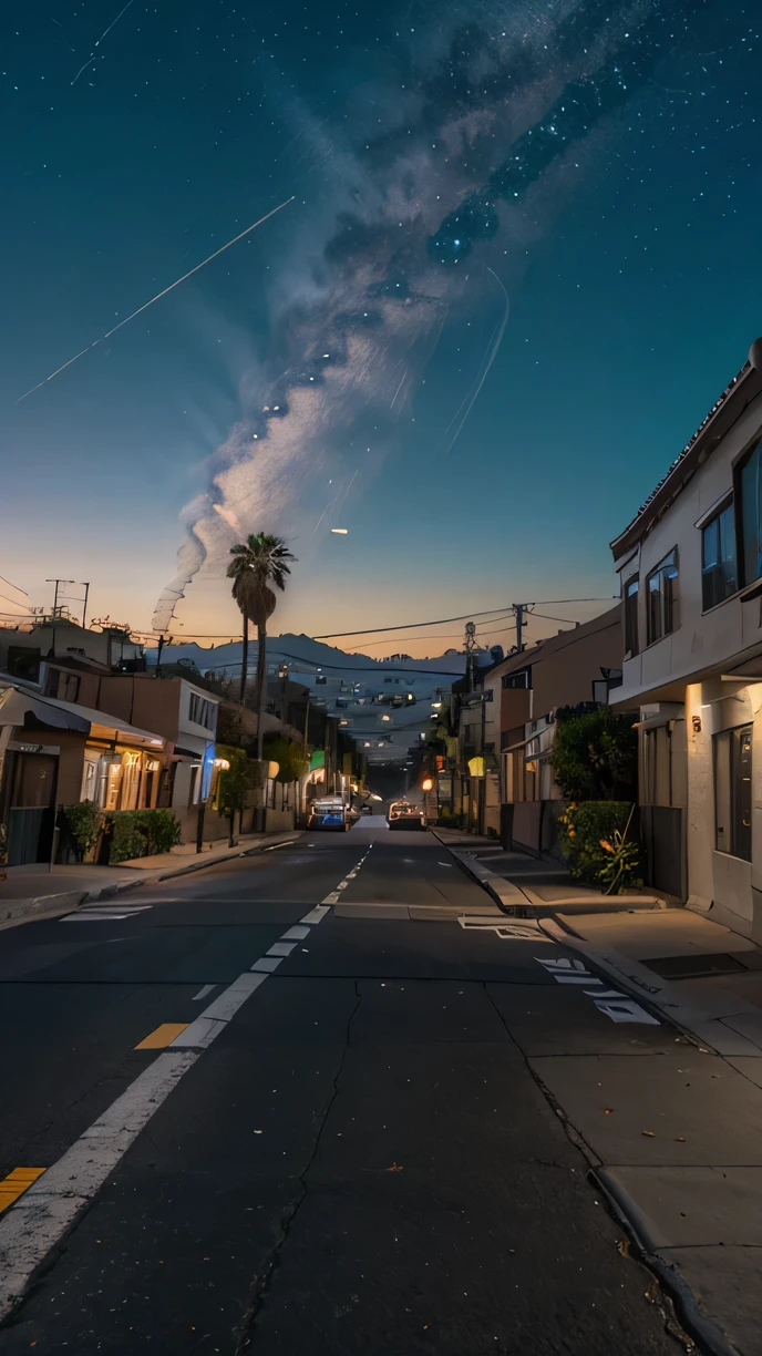 Typical street in Los Angeles, in the background space with Saturn and several stars, And 4K, Ultrarealistic