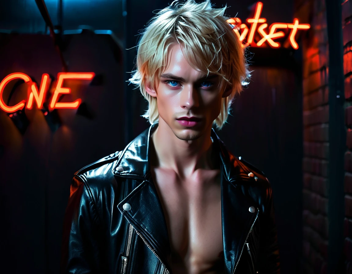 Hyper realistic, dark vibes, solo, young man, roundish face, 22 years, pale skin, model (skinny:1.2), blue eyes, (short textured blond hair:1.2), tussled side swept fringe to the right, black leather jacket, holding knife, dark lighting, night BDSM joint background, foreboding, sexy, attractive, demon, incubus, evil, dark, sadistic expression (smirk:1.1), (red neon sign in background that says "CONTEXT":1.1)