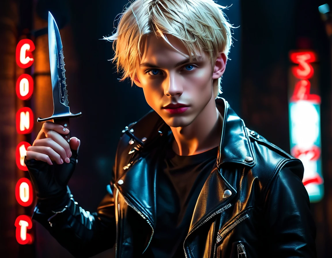 Hyper realistic, dark vibes, solo, young man, roundish face, 22 years, pale skin, model (skinny:1.2), blue eyes, (short textured blond hair:1.2), tussled side swept fringe to the right, black leather jacket, holding knife, dark lighting, night BDSM joint background, foreboding, sexy, attractive, demon, incubus, evil, dark, sadistic expression (smirk:1.1), (red neon sign in background that says "CONTEXT":1.1)