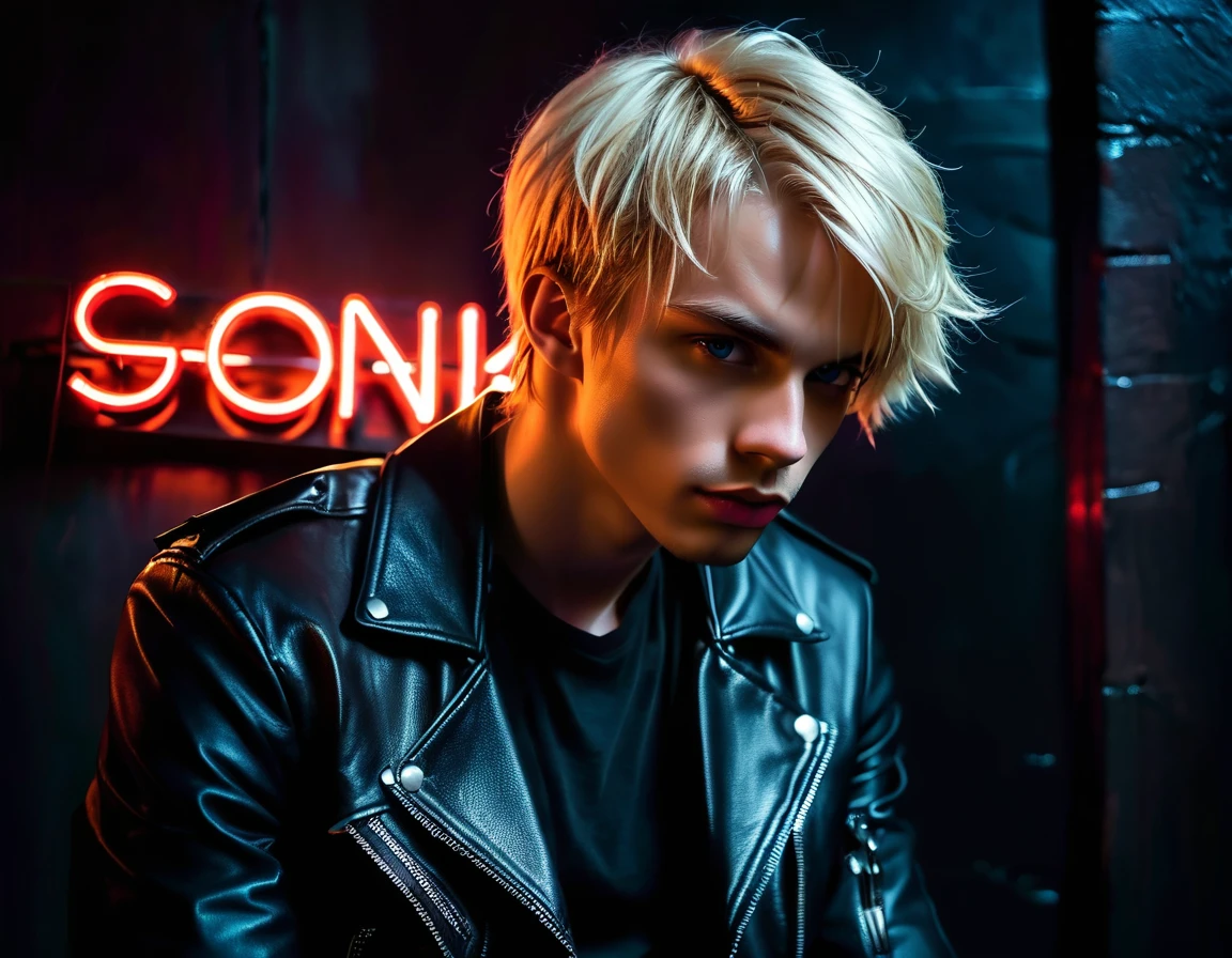Hyper realistic, dark vibes, solo, young man, roundish face, 22 years, pale skin, model (skinny:1.2), blue eyes, (short textured blond hair:1.2), tussled side swept fringe to the right, black leather jacket, holding knife, dark lighting, night  joint background, foreboding, sexyttractive, demon, incubus, evil, dark, sadistiession (smirk:1.1), (red neon sign in background that says "CONTEXT":1.1)