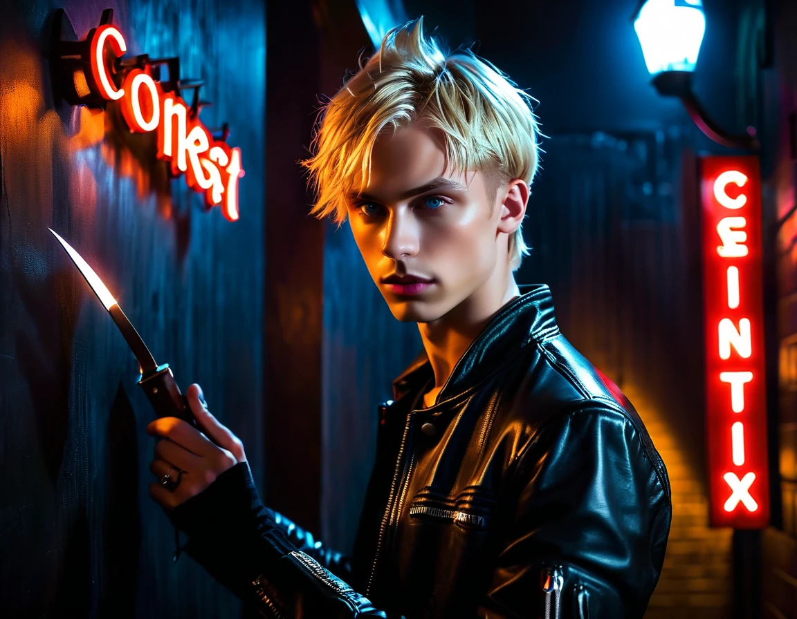 Hyper realistic, dark vibes, solo, young man, roundish face, 22 years, pale skin, model (skinny:1.2), blue eyes, (short textured blond hair:1.2), tussled side swept fringe to the right, black leather jacket, holding knife, dark lighting, night BDSM joint background, foreboding, sexy, attractive, demon, incubus, evil, dark, sadistic expression (smirk:1.1), (red neon sign in background that says "CONTEXT":1.1)