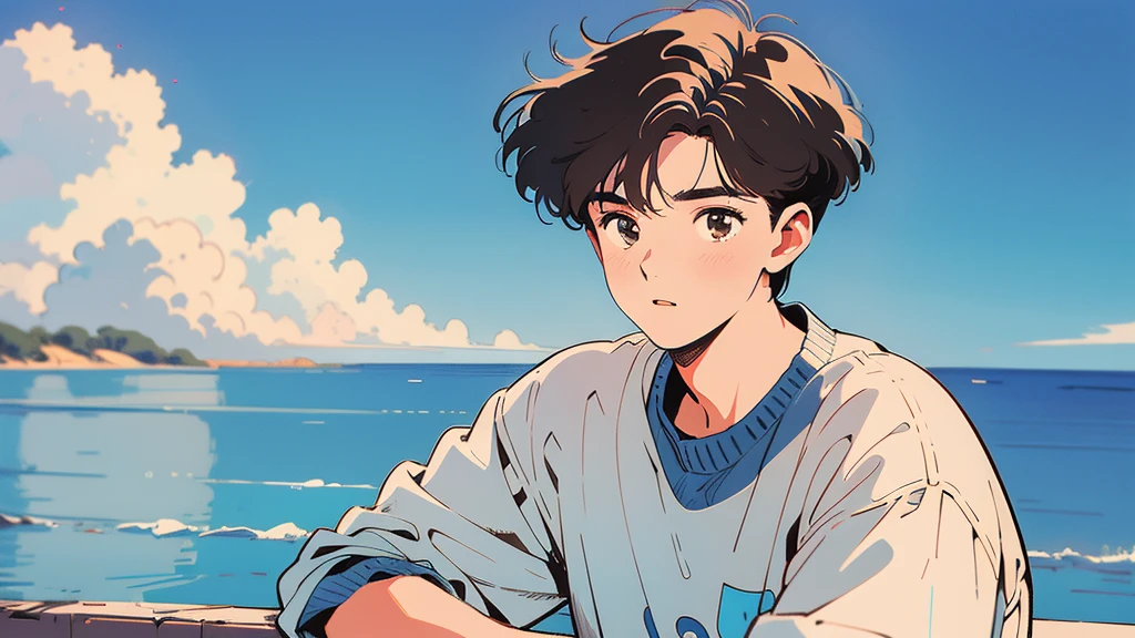 best quality, 4k wallpaper, masterpiece, very detailed CG Unity 8k 벽지, very detailed 눈, very detailed, intricate details, retro,  Library Landscape, brown hair 20 year old boy,  Looking at the entire upper body,  incredibly blue sea background, Incredibly blue cloudy sky background