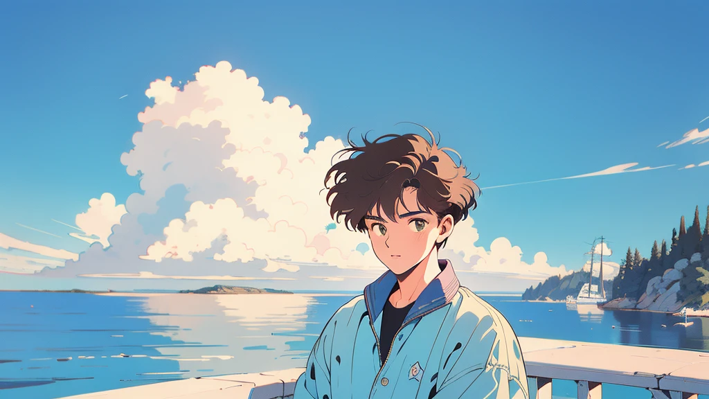 best quality, 4k wallpaper, masterpiece, very detailed CG Unity 8k 벽지, very detailed 눈, very detailed, intricate details, retro,  Library Landscape, brown hair 20 year old boy,  Looking at the entire upper body,  incredibly blue sea background, Incredibly blue cloudy sky background