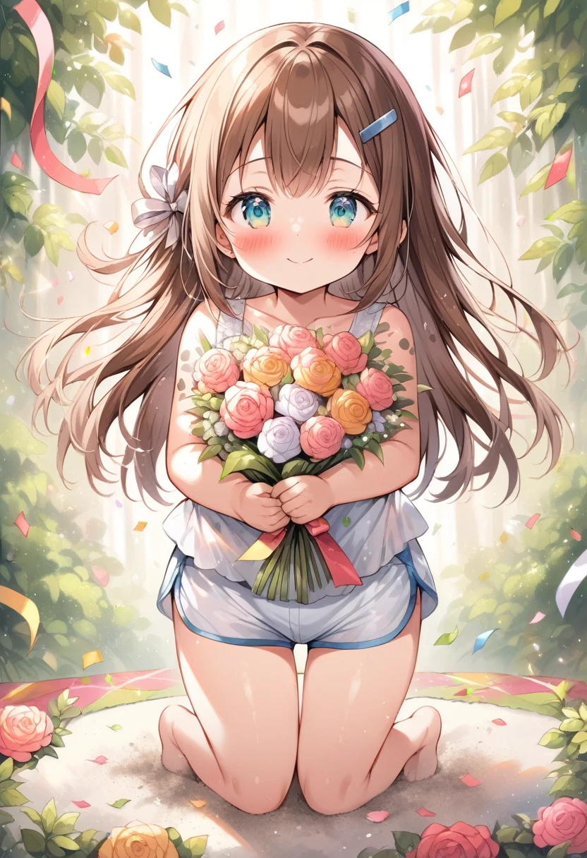 (best quality, masterpiece:1.2),(ultra high quality:1.2),smooth soft skin, natural skin, (super fine illustration:1.2), watercolor, breathtalking Scenery, breathtalking Beauty, breathtalking Cute,
BREAK
(loli:1.4),(little female child:1.3),mini girl, baby face, toddler,6 years old,small breast, jiggly, skindantation, ultra cute face,oily skin,(highlight on eyes:1.1),little smile,excessive detailed knees, excessive detailed thighs,
BREAK
(long straight hair:1.4), (chocolatebrown hair:1.3),(aqua eyes:1.1),(Shoulder colorful floral pattern tattoo:1.1),(simple floral pattern tattoo:1.1),
BREAK
(hairclip:1.1),(sexy dolphin shorts:1.2),Satin camisole,exposed shoulders,
BREAK
(holding flower bouquet:1.5), (Finger behind the bouquet:1.2), (Hands behind the bouquet:1.5), Ultra detailed flowers, (flowers background:1.1), (Flower bouquet:1.1), Falling petals, celebration, Solo, Congratulations, (blush:1.2), Confetti, (dust particles:1.2), Starshine, bloom effect, bow ribbon,Leaf carpet, Create a mesmerizing display of power and beauty,sunshine,