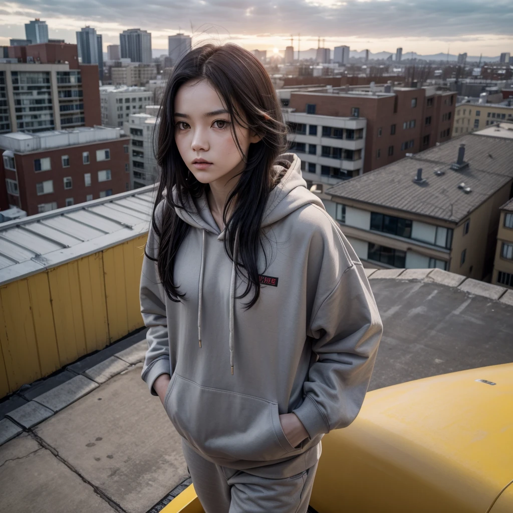 red skin, yellow eyes, long black hair, grey hoodie, walking on the roof