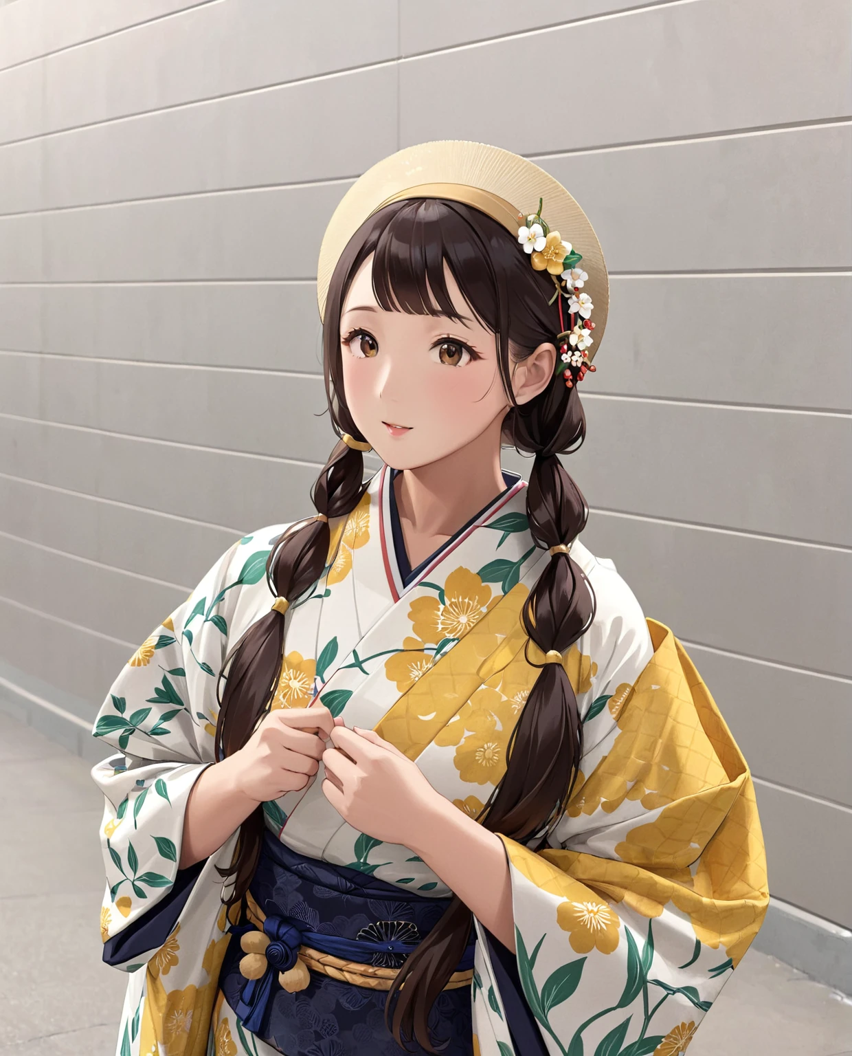 araffe woman In kimono with a hat and a flowered dress, In kimono, Yoshitomo Nara, shikamimi, Chiho, sakimichan, My motto is Teshirogi, In kimono, wear Kimono, shinsui ito, harumi, narumi kakinouchi, Traditional, Traditional japanese