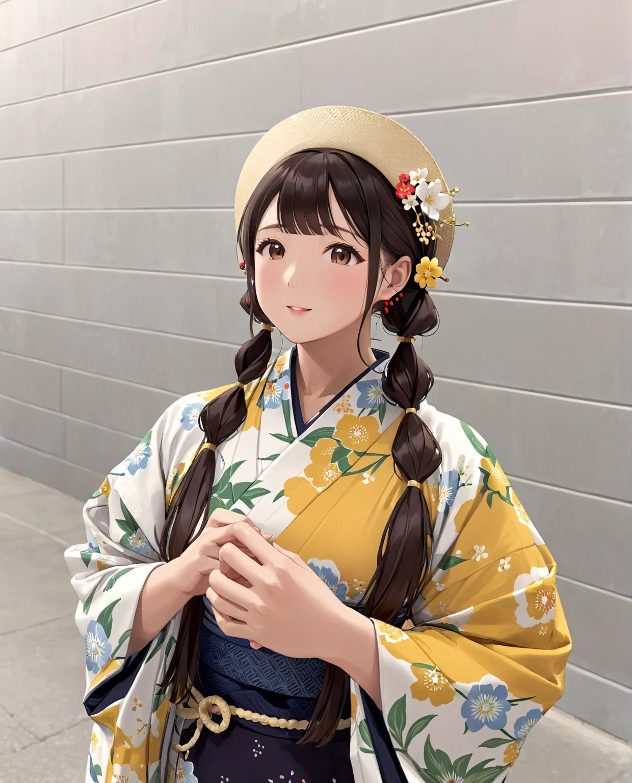 araffe woman In kimono with a hat and a flowered dress, In kimono, Yoshitomo Nara, shikamimi, Chiho, sakimichan, My motto is Teshirogi, In kimono, wear Kimono, shinsui ito, harumi, narumi kakinouchi, Traditional, Traditional japanese