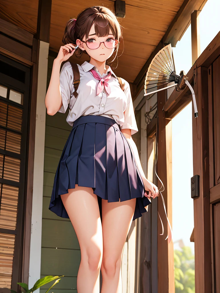 An old folk house. verandas. ((sideways))
(She pulls up her skirt and uses a fan to send wind to her pubic area.)
high school girl. uniforms. No bra
Cute pink panties for the lower body.
Brown hair. Hairstyle tied together with a string. black tabby glasses
I'm sweaty. Slender and big .