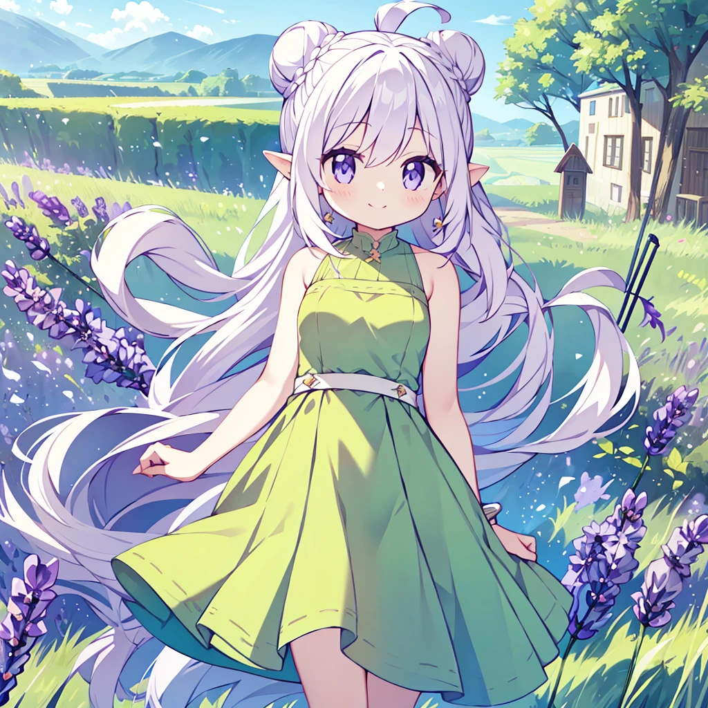 girl, standing, smiling, purple eyes, (pure white long hair:1.4), (a small single bun behind one ear:1.2),
BREAK
Shoulder-baring dress, sleeveless, (grass-green dress:1.5), bracelet, (background is a wide lavender field:1.4), blue sky 