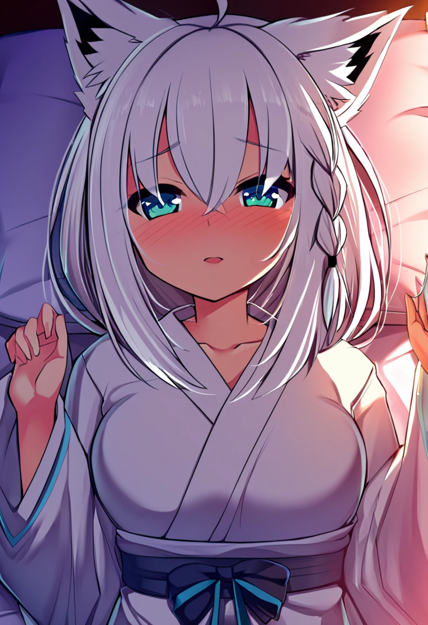 one girl, Shirakami Fubuki, fox ears, white hair, upperbody focus, yukata, beautiful, cute, be ready for sex, first night, lying on bed, naive, love me, shy