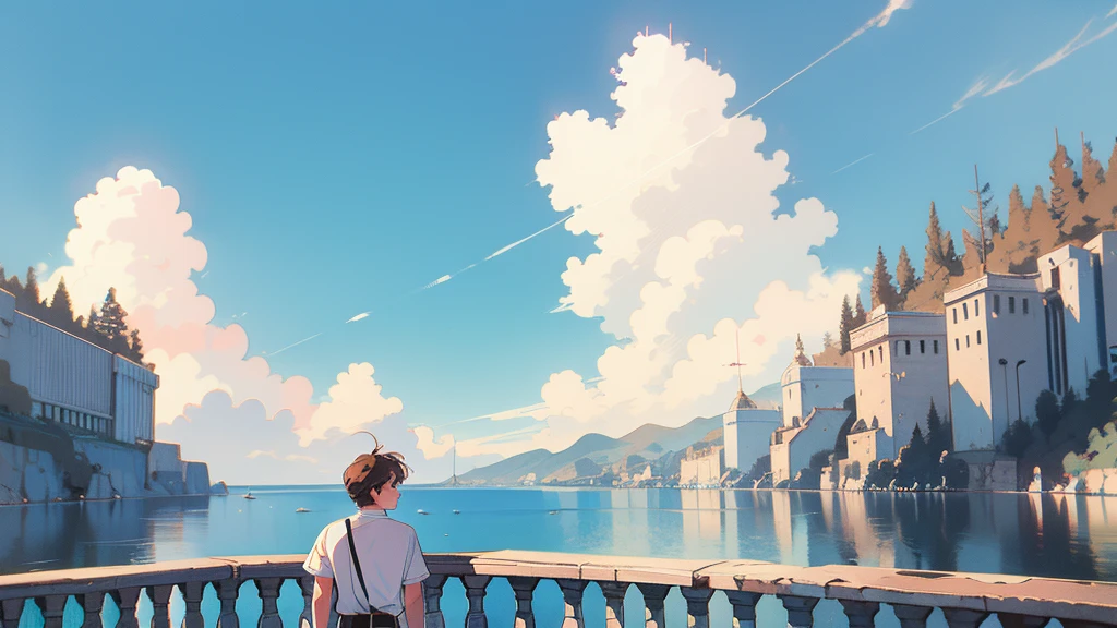 best quality, 4k wallpaper, masterpiece, very detailed CG Unity 8k 벽지, very detailed 눈, very detailed, intricate details, retro, Library Landscape, brown hair 20 year old boy, Looking at the entire upper body, incredibly blue sea background, Incredibly blue cloudy sky background