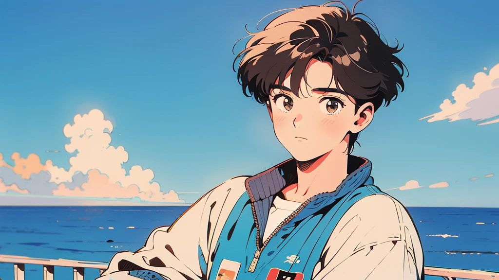 best quality, 4k wallpaper, masterpiece, very detailed CG Unity 8k 벽지, very detailed 눈, very detailed, intricate details, retro,  Library Landscape, brown hair 20 year old boy,  Looking at the entire upper body,  incredibly blue sea background, Incredibly blue cloudy sky background