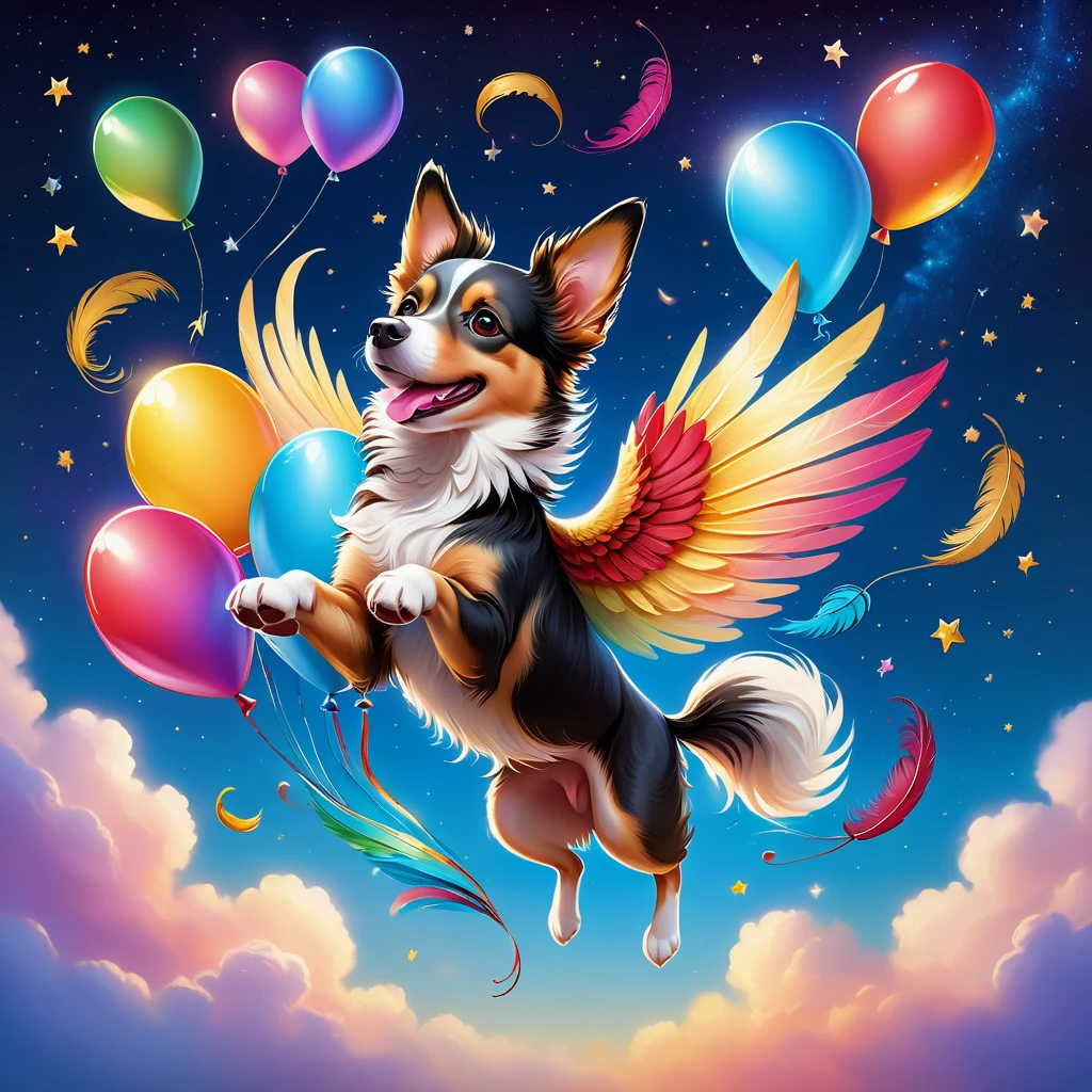 A flying dog with colorful feathers soaring in the sky, surrounded by dreamy background and twinkling stars, accompanied by balloons, wearing a cheerful smile, intricate details, and high-definition image quality. (best quality,4k,8k,highres,masterpiece:1.2),ultra-detailed,(realistic,photorealistic,photo-realistic:1.37),vivid colors,studio lighting