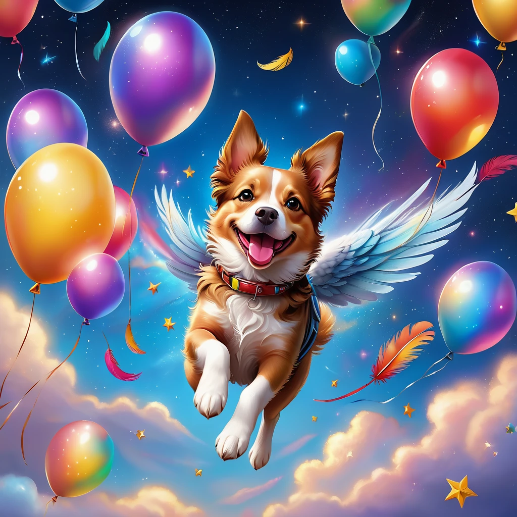 A flying dog with colorful feathers soaring in the sky, surrounded by dreamy background and twinkling stars, accompanied by balloons, wearing a cheerful smile, intricate details, and high-definition image quality. (best quality,4k,8k,highres,masterpiece:1.2),ultra-detailed,(realistic,photorealistic,photo-realistic:1.37),vivid colors,studio lighting