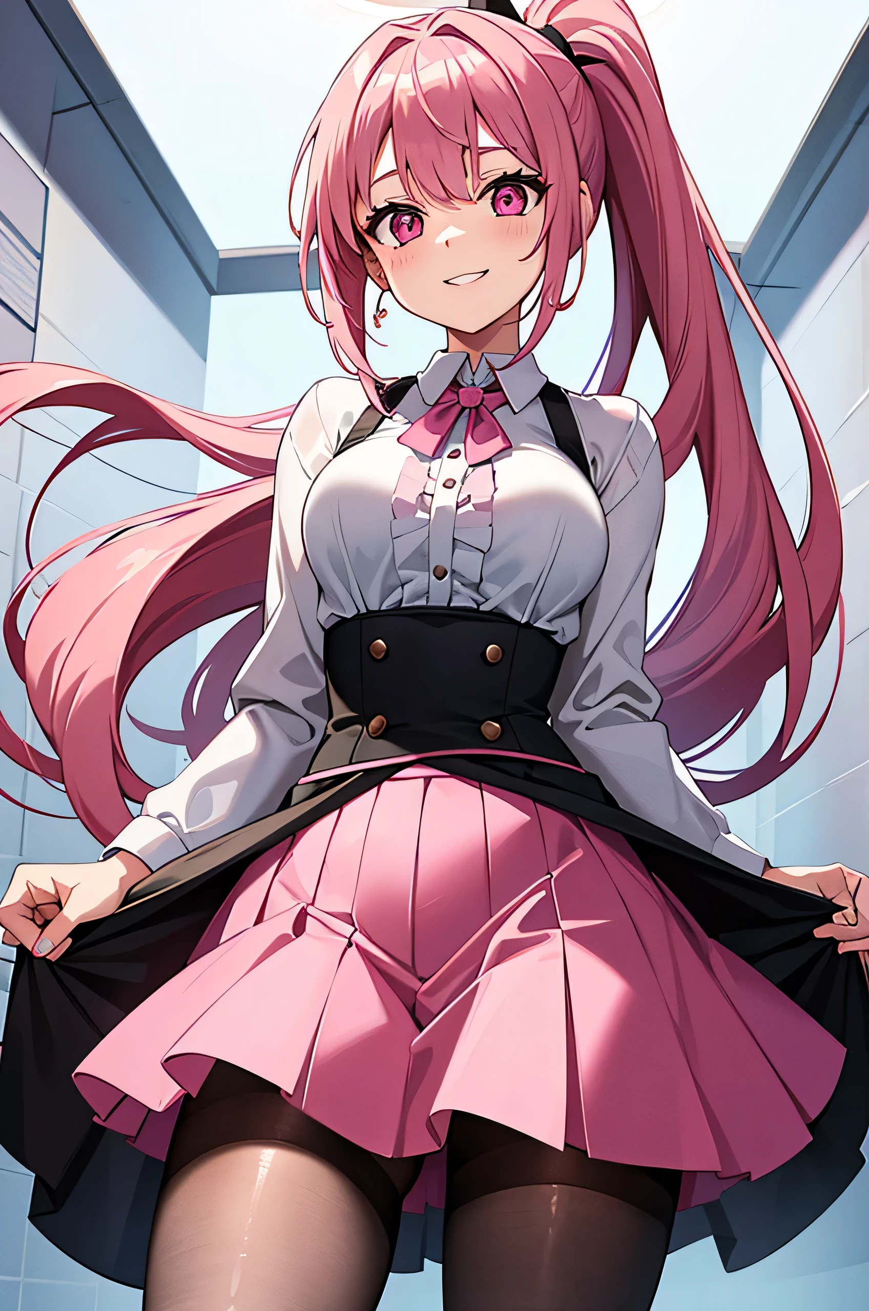 Cute, 1girl, pink hair ponytail, white shirt, black skirt, see through pantyhose, smile, pink eyes