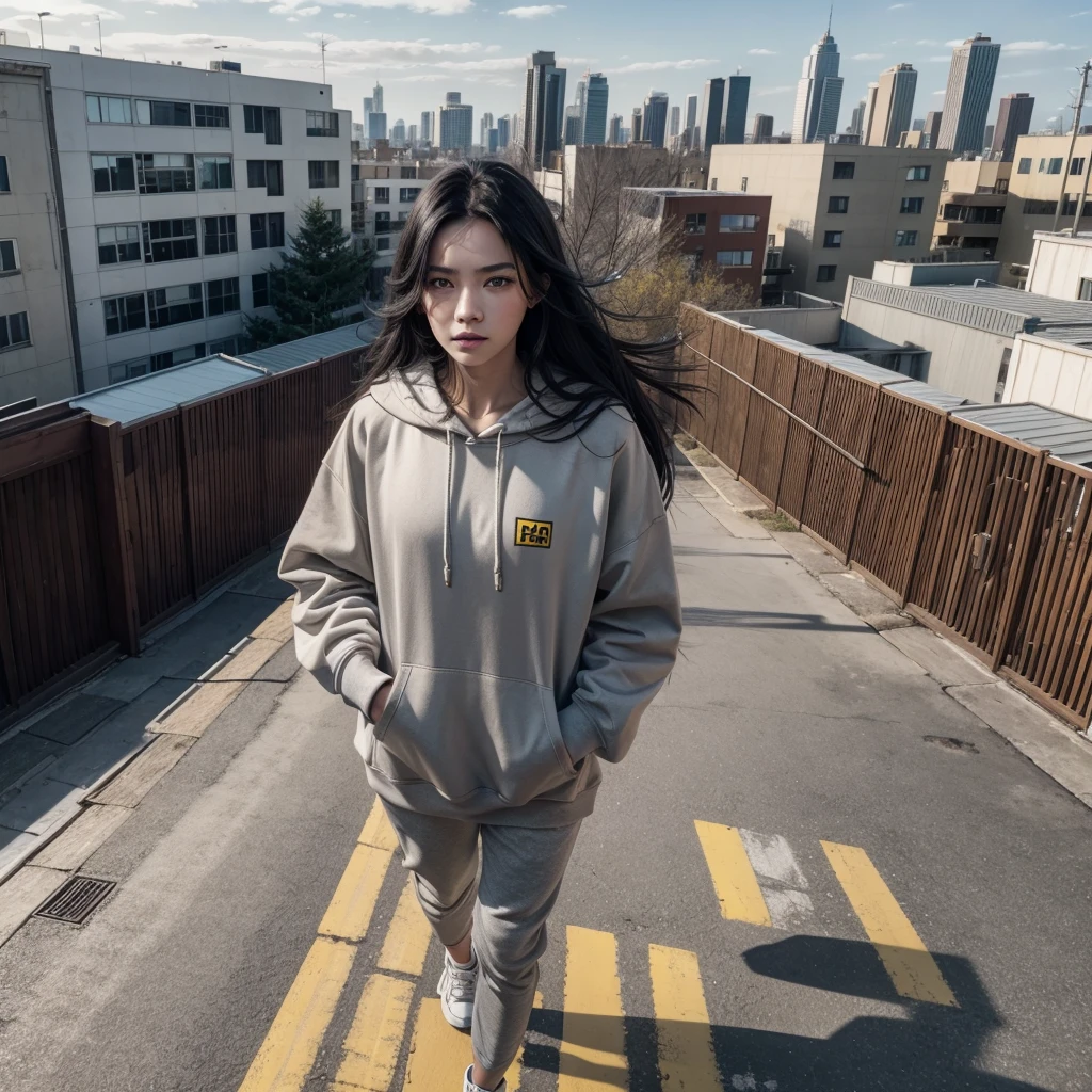 red skin, yellow eyes, long black hair, grey hoodie, walking on the roof