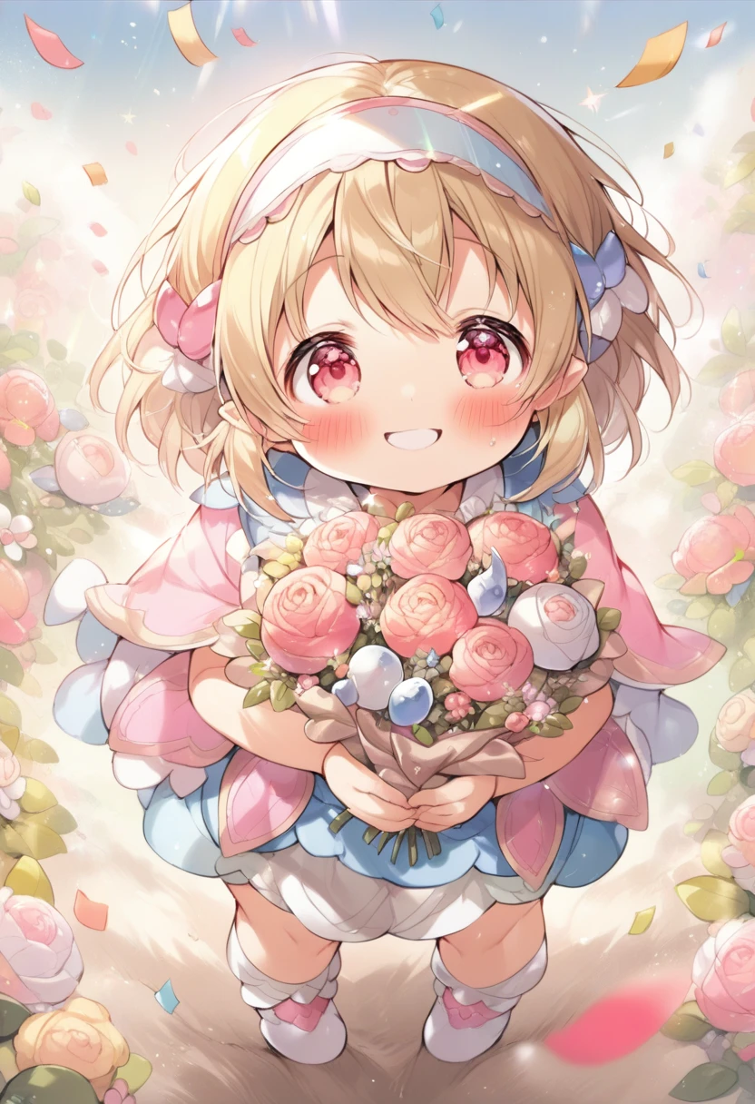 (best quality, masterpiece:1.2),(ultra high quality:1.2),smooth soft skin, natural skin, (super fine illustration:1.2), watercolor, breathtalking Scenery, breathtalking Beauty, breathtalking Cute,
BREAK
(little female child:1.8), (loli:1.8), 4 years old, (loli toddler:1.3), (preschooler:1.1),(infant:1.1),flat chest,baby face,oily skin, ultra cute face, happy smile, beautiful eyes, detailed eyes
BREAK
(short blond:1.2) messy hair,(fang:1.1), (pink eyes:1.2), puffy eyes, antenna hair,double tooth, blond hair,
BREAK
exposed navel,(excessive detailed navel:1.2),cropped pink camisole, micro mini denim shorts,high waist,exposed shoulders,
BREAK
(holding flower bouquet:1.5), (Finger behind the bouquet:1.2), (Hands behind the bouquet:1.5), Ultra detailed flowers, (flowers background:1.1), (Flower bouquet:1.1), Falling petals, celebration, Solo, Congratulations, (blush:1.2), Confetti, (dust particles:1.2), Starshine, bloom effect, head band,Leaf carpet, Create a mesmerizing display of power and beauty,sunshine,