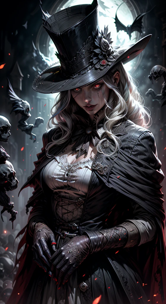 （comic，A high resolution，very well），（vampires），looks at the camera，Evil eyes in the shadows，clear facial features，（top hats），Vampire fangs exposed，Wear beautiful Gothic dresses，silver-haired，rosette，Skull decoration，The bats，The body is surrounded by a red mist，moonbeams，Royal temperament，Cinematomatic hoop light，The light is delicate，Masterpiece artwork，ultra - detailed，epic composition，super HD，high qulity，Majority，32 mil