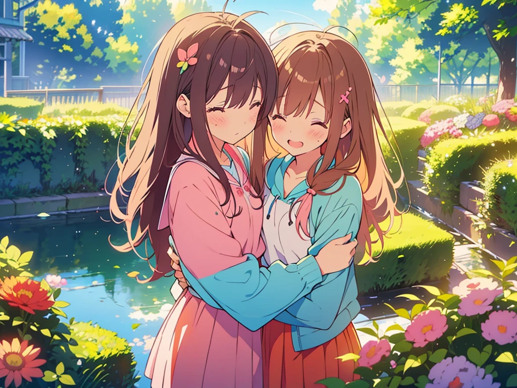 kawaii, anime, Cute, hyper quality, highly detailed, 8k, Clarity, Two girls with brown hair and pink hair, One person has long dark brown hair and green eyes., The other is a young girl with a bright pink short bob and scarlet eyes., Hug each other in Europe's natural water gardens, shed tears, A touching reunion, warm atmosphere, clear blue sky, jump on, whole body, clear air, planted flowers and greenery, Draw facial expressions in detail, highlight on eyes, Close your eyes and cry and laugh, pull perspective, hoodie, Uplifting, jump and hug, Draw the whole body of both of them, light dances, pink hair, Netherlands, pick up a , A small butterfly of light dances,