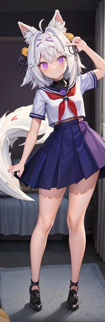 masterpiece, best quality, messy bedroom, day, 1girl, solo, filian, white hair, short hair, ahoge, animal ears, hair bell, hairband, vibrant purple eyes, half smile, white fluffy fox tail, , short sleeve white blouse with red ribbon, blue short skirt, black stockings, school black shoes with heals, full body pose, innocent pose