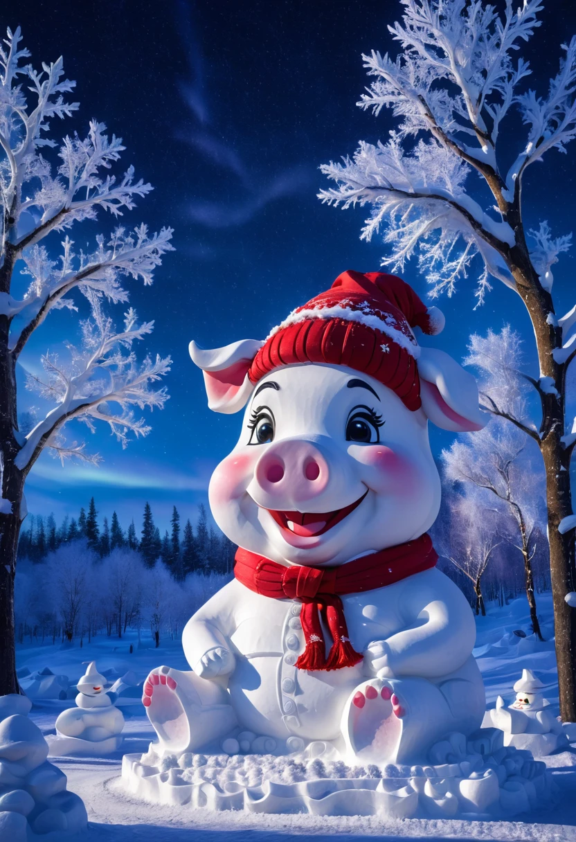 PESnow Sculpture,Snow Sculpture, 哭泣 漂亮的猪头雪人masterpiece, high resolution, Octave 4k, High Detail,(Best quality,4K,high resolution,masterpiece:1.2),Extremely detailed,Practical,Night view,cold,Smiling pig head snowman,Magic Hat,red scarf,branch arm,Sparkling snowflakes,Northern Lights,icy landscape,Starry sky,Winter Wonderland,Glittering snow covered trees,fresh air,Faint moonlight,Magical atmosphere