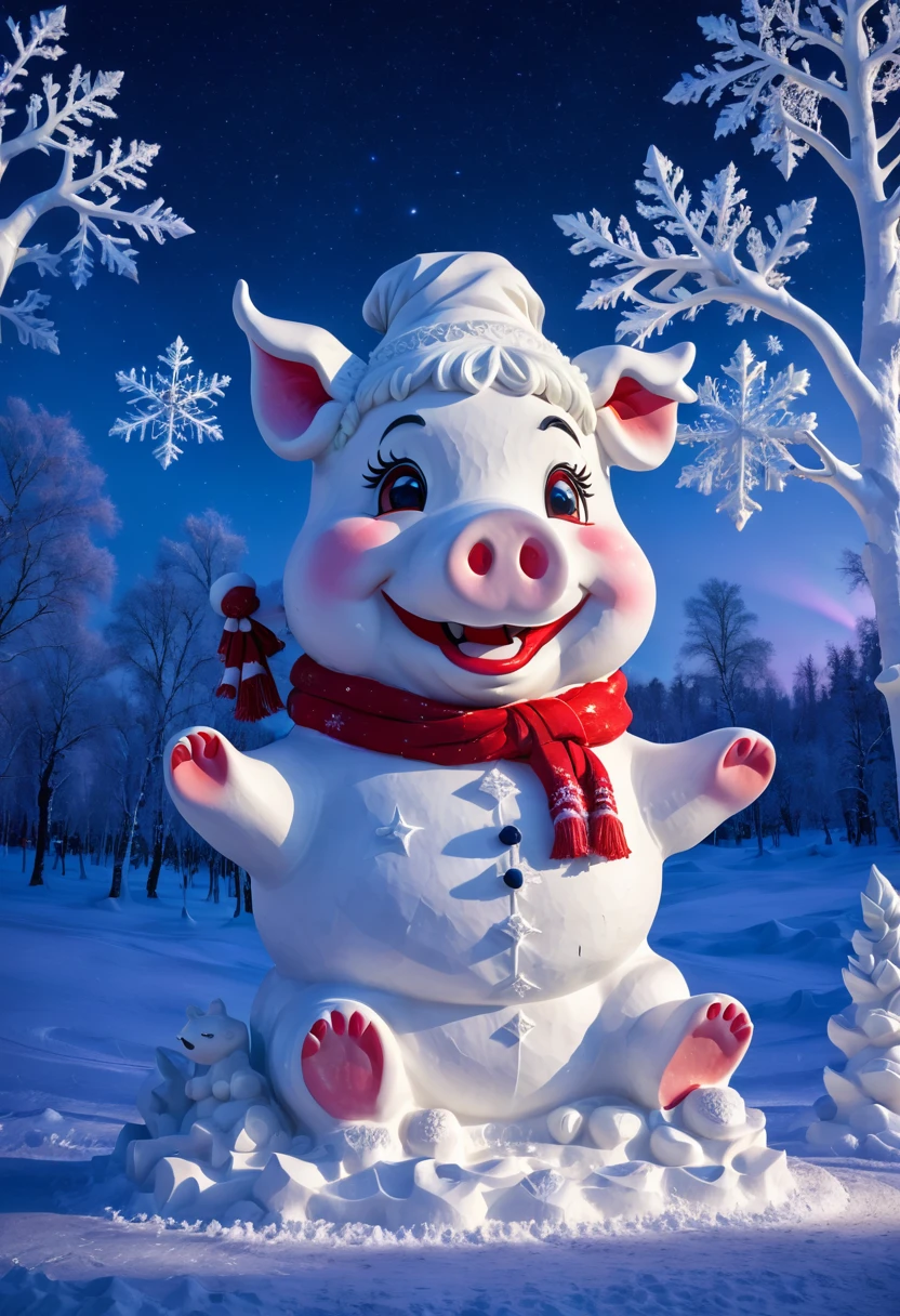 PESnow Sculpture,Snow Sculpture, 哭泣 漂亮的猪头雪人masterpiece, high resolution, Octave 4k, High Detail,(Best quality,4K,high resolution,masterpiece:1.2),Extremely detailed,Practical,Night view,cold,Smiling pig head snowman,Magic Hat,red scarf,branch arm,Sparkling snowflakes,Northern Lights,icy landscape,Starry sky,Winter Wonderland,Glittering snow covered trees,fresh air,Faint moonlight,Magical atmosphere