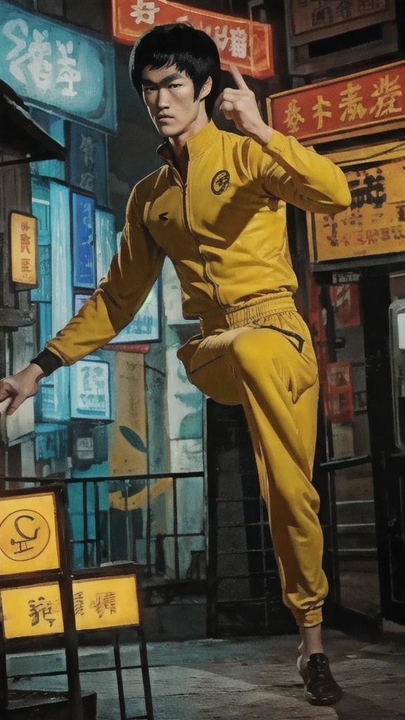 Bruce Lee wears a yellow tracksuit、Hong Kong backstreet background at night、Face the enemy、