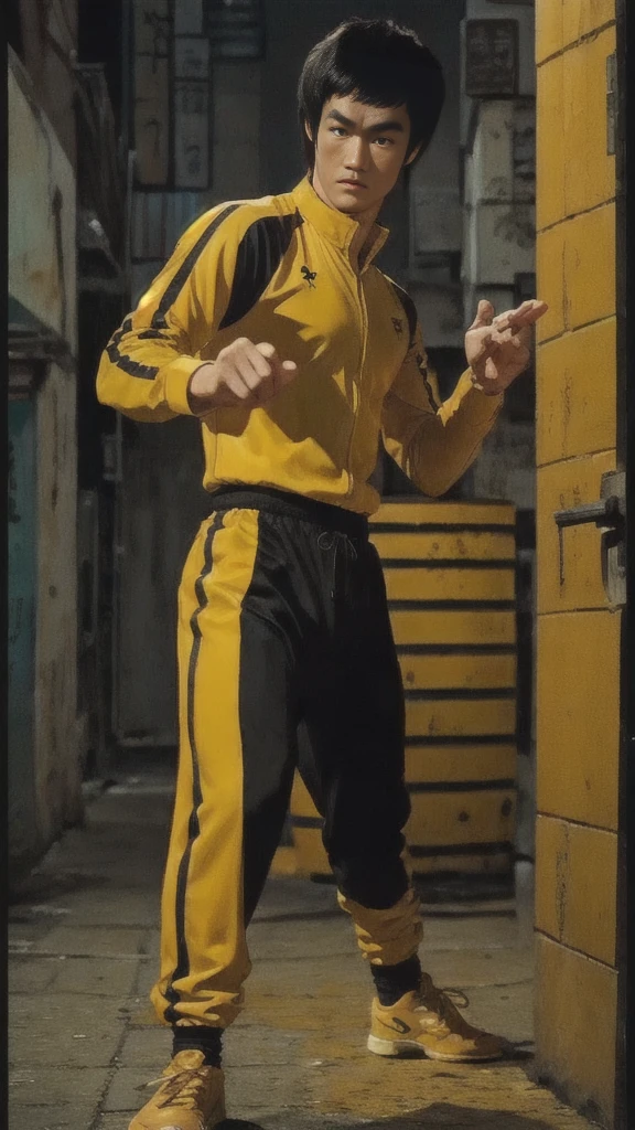 Bruce Lee wears a yellow tracksuit、Hong Kong backstreet background at night、Face the enemy、