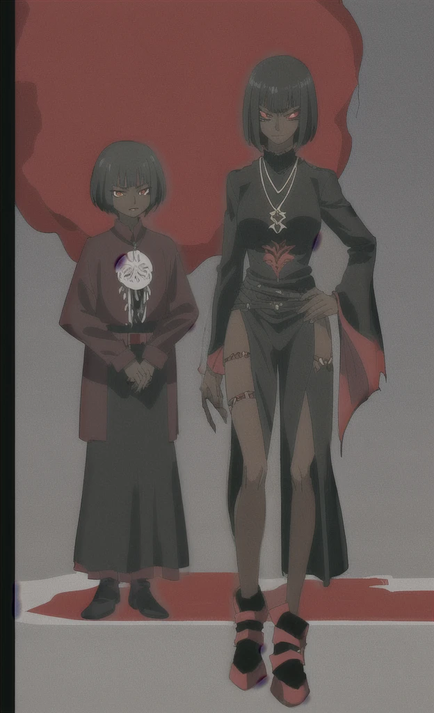90s grown tall skinny evil black skinned women with short black hair wearing red demonic armor