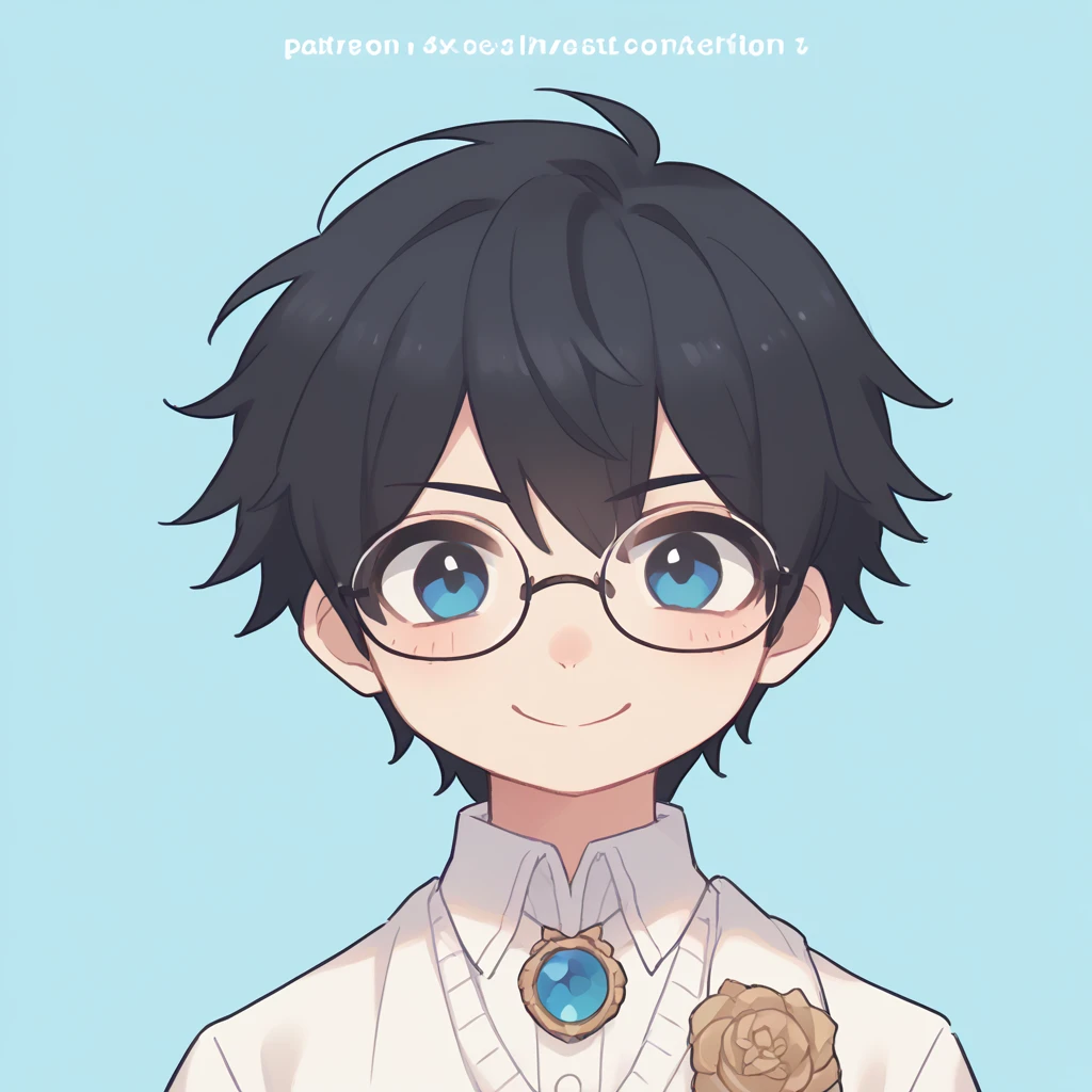 High resolution, masterpiece, accurate, amount,Short black hair 、One Man、Deep blue　eye、Sky blue background、Glasses、詳細なeye、smile, 