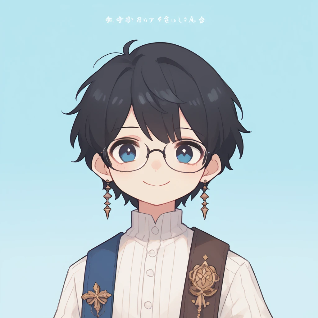 High resolution, masterpiece, accurate, amount,Short black hair 、One Man、Deep blue　eye、Sky blue background、Glasses、詳細なeye、smile, 