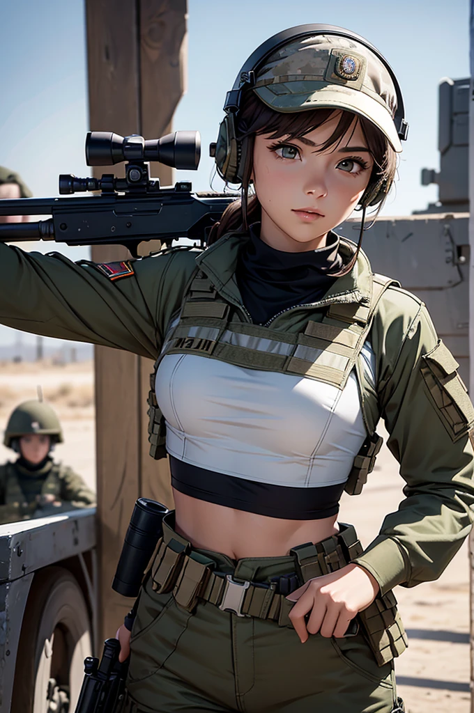 Woman in white holding a rifle and wearing headphones, 42 year old woman, young soldier, mechanized young soldier, Military Girl, beautiful female soldier, Female lead character, Military Girlราบ, Girl's sniper at war, solo female character, Future combat equipment, Half-body close-up, Woman wearing military bulletproof crop top, Show navel, Wear tactical equipment, Wear tactical armor., realistic navel shape
