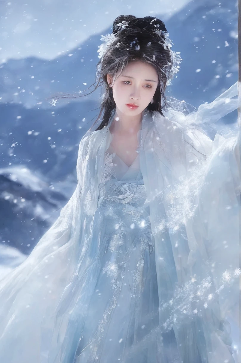 Double Exposure Style, Volumetric Lighting, leaning forward,light depth, dramatic atmospheric lighting, Volumetric Lighting, double image ghost effect, image combination,
(realistic, photorealistic),
The girl is wearing a Hanfu made entirely of ice and snow, with the girl wearing a dress made up of ice and snow. Ice and snow surround the girl,
On a snowcapped mountain, a white mist filled the air. It was snowing heavily and the surroundings were frozen, emitting white light
(Ice and snow around the girl, white:1.5)
Small pieces of ice and snow are around the girl,