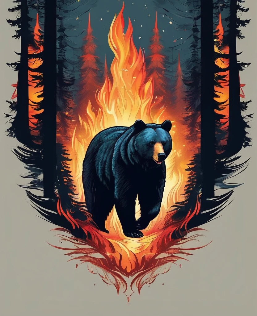 t shirt design, T-shirt with a breathtaking digital illustration captures the mesmerizing moment when a bear merges perfectly with the enchanting forest full of flames and smoke. The bear&#39;s piercing eyes emit an intense, quase sobrenatural, angry glare, while her mane blends harmoniously with the koumae. The white background, a striking contrast between the mixture of the angry bear and the flames that consume the forest. The surreal and mystical atmosphere evoked by this captivating scene blurs the line between reality and fantasy., leaving the viewer in awe of the bear&#39;s mesmerizing metamorphosis.