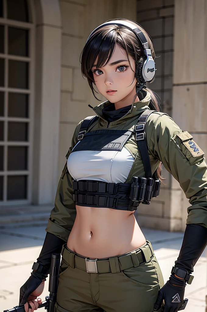 Woman in white holding a rifle and wearing headphones, 24 year old woman, young soldier, mechanized young soldier, Military Girl, beautiful female soldier, Female lead character, Military Girlราบ, Girl's sniper at war, solo female character, Future combat equipment, Half-body close-up, Woman wearing military bulletproof crop top, Show navel, Wear tactical equipment, Wear tactical armor., realistic navel shape